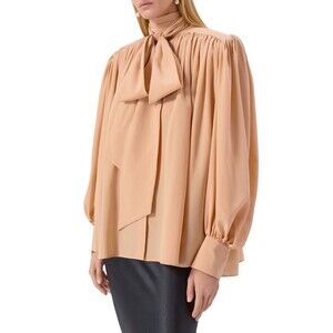 CHLOE Women’s Silk Lavalliere Blouse With Bow At The Neck Size 40/8 NWT Beige
